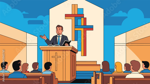 Flat vector illustration of a Christian pastor preaching a sermon in church, ideal for religious education, church events, ministry content, and faith visuals