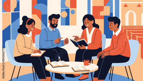 Modern flat vector illustration of a Christian Bible study group discussing scripture, ideal for religious education, small group ministry, and faith-based visuals