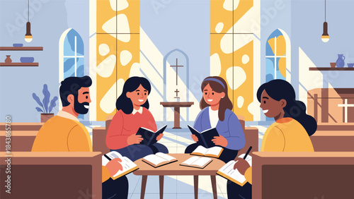 Modern flat vector illustration of a Christian Bible study group discussing scripture, ideal for religious education, small group ministry, and faith-based visuals