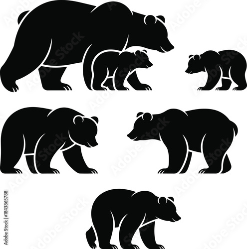 Five black bears in different poses silhouette wildlife