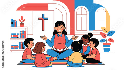 Flat vector illustration of Christian Sunday school activities for children, ideal for religious education, kids ministry, church programs, and learning materials