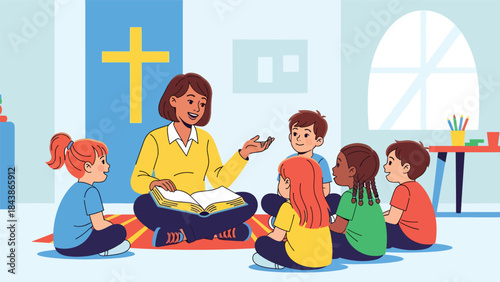 Flat vector illustration of Christian Sunday school activities for children, ideal for religious education, kids ministry, church programs, and learning materials