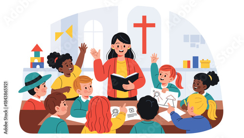 Flat vector illustration of Christian Sunday school activities for children, ideal for religious education, kids ministry, church programs, and learning materials