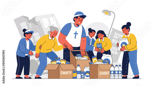 Modern flat vector illustration of Christian volunteers helping people in need, ideal for charity campaigns, church outreach, faith-based social programs, and compassion themes