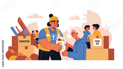 Modern flat vector illustration of Christian volunteers helping people in need, ideal for charity campaigns, church outreach, faith-based social programs, and compassion themes