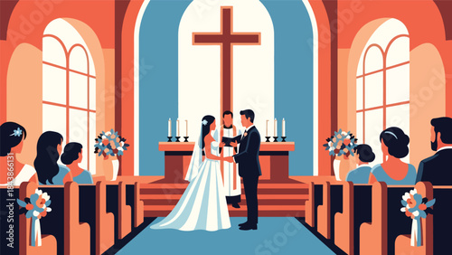 Modern flat vector illustration of a Christian wedding ceremony in church, ideal for religious marriage themes, church events, and faith-based family visuals