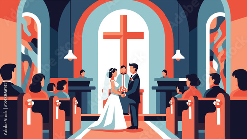 Modern flat vector illustration of a Christian wedding ceremony in church, ideal for religious marriage themes, church events, and faith-based family visuals