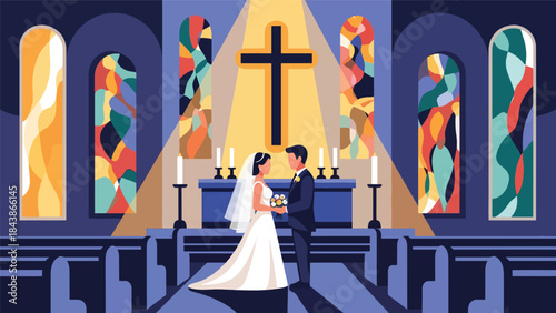 Modern flat vector illustration of a Christian wedding ceremony in church, ideal for religious marriage themes, church events, and faith-based family visuals