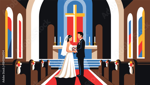 Modern flat vector illustration of a Christian wedding ceremony in church, ideal for religious marriage themes, church events, and faith-based family visuals