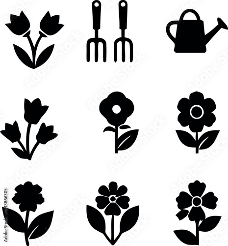 Gardening Tools and Watering Can Silhouette Vector Icons