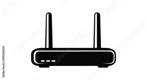 A black wireless router icon featuring two antennas displayed as a striking silhouette
