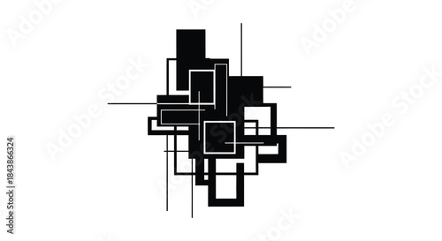 Abstract geometric design featuring stacked black shapes and thin lines a stark silhouette