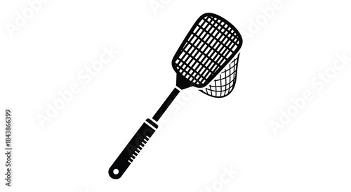 A black and white illustration depicting a fly swatter showing its handle and netting silhouette