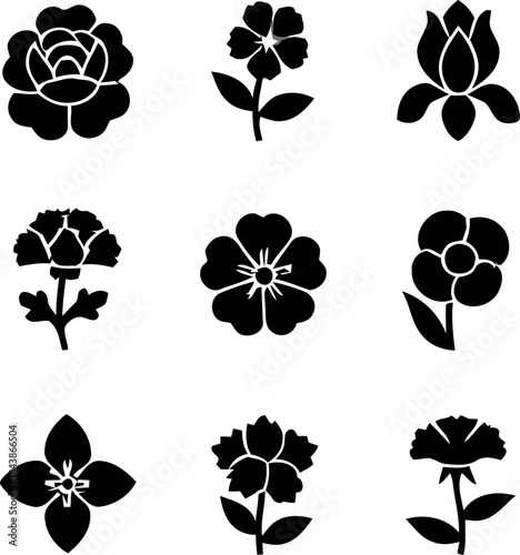 Elegant Rose and Carnation Flower Silhouette Icons Vector Set