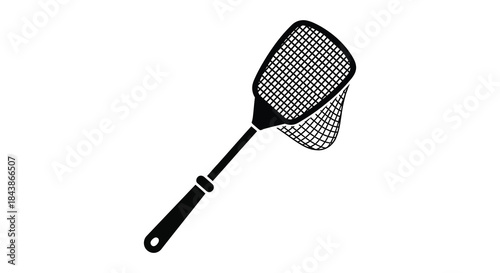 A black electric fly swatter with a netted head angled diagonally presented as a silhouette