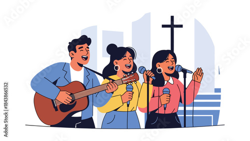 Modern flat vector illustration of Christian worship music with guitar, ideal for praise visuals, church media, music ministry, and faith-based inspiration