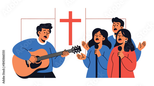 Modern flat vector illustration of Christian worship music with guitar, ideal for praise visuals, church media, music ministry, and faith-based inspiration