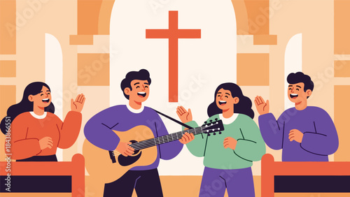 Modern flat vector illustration of Christian worship music with guitar, ideal for praise visuals, church media, music ministry, and faith-based inspiration