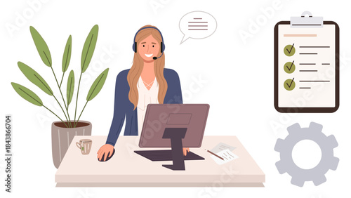 Female professional wearing a headset working on a computer. Checklist, gear icon, and potted plant nearby. Ideal for service, communication, support, organization, technology productivity