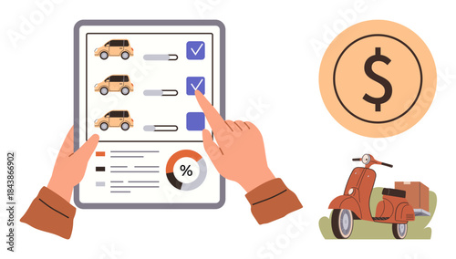 Hands selecting options on a tablet for cars and a scooter, cost symbol and data chart. Ideal for transportation choice, budgeting, shopping, financial planning, online platforms, decision-making