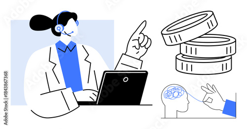 Remote consultation, mental health services, teletherapy, financial decision-making, digital assistance, guidance. A professional with headset gesturing near coins and a brain diagram. Remote