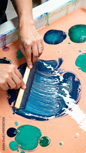 Hands use a comb to swirl oil-based paints floating on liquid, creating a fluid abstract pattern for paper marbling