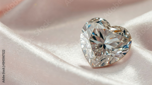 Valentine expressive romance art. sparkling heart shaped diamond rests on soft pink fabric, reflecting light beautifully