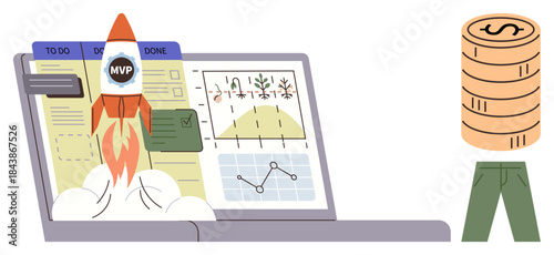 Rocket launching from a laptop with task lists, graphs, and charts, symbolizing startup growth and productivity. Ideal for innovation, entrepreneurship, project management, planning, analytics