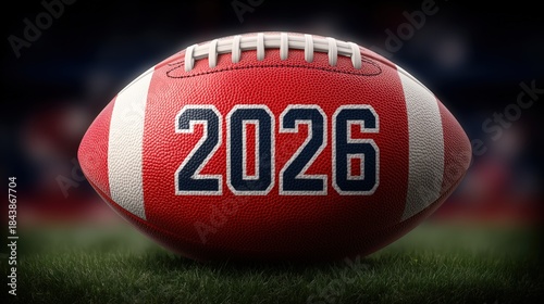 Football with 2026 Numerals on Grass in Dramatic Lighting