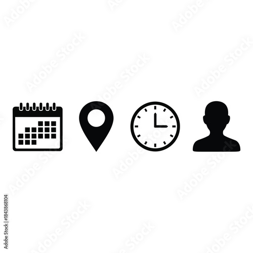 Calendar, location, time and profile icon set