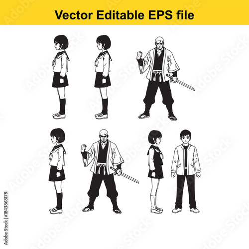  Set of editable anime character illustrations