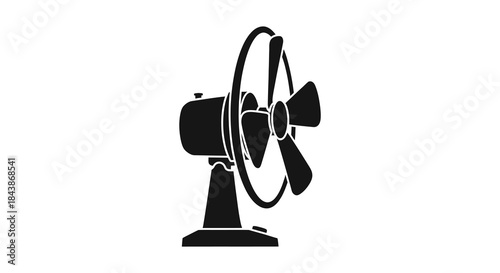 A striking black and white illustration of a vintage oscillating fan a simple silhouette