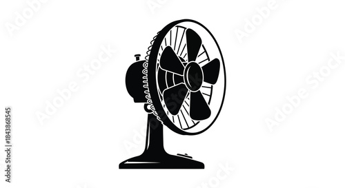 A vintage style electric fan depicted in a striking black and white silhouette