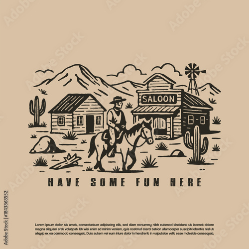 Vintage Wild West Home Town Desert Saloon Illustration
