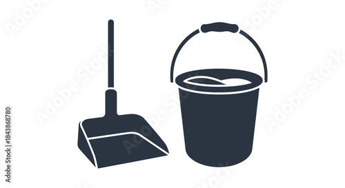 A dark silhouette of a bucket and broom resting side by side silhouette