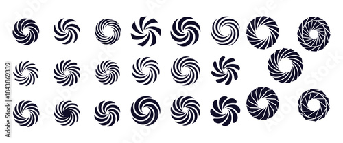 Abstract rotating swirl and shutter icons set. isolated dynamic graphic design for logo creation and branding