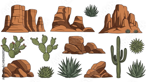 Desert rock set, vector canyon stone kit, wild west plants, environment nature objects, cactus, agave. Mountain solid boulder, cliff formation, landscape elements, succulent. Desert rock game clipart
