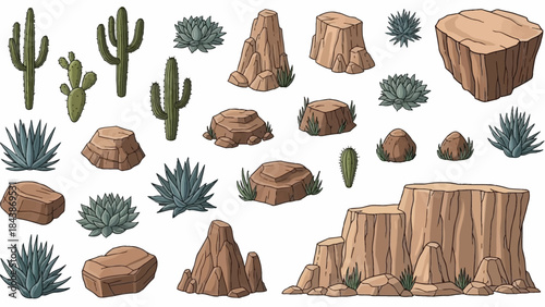 Desert rock set, vector canyon stone kit, wild west plants, environment nature objects, cactus, agave. Mountain solid boulder, cliff formation, landscape elements, succulent. Desert rock game clipart