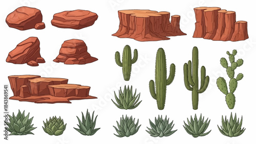 Desert rock set, vector canyon stone kit, wild west plants, environment nature objects, cactus, agave. Mountain solid boulder, cliff formation, landscape elements, succulent. Desert rock game clipart