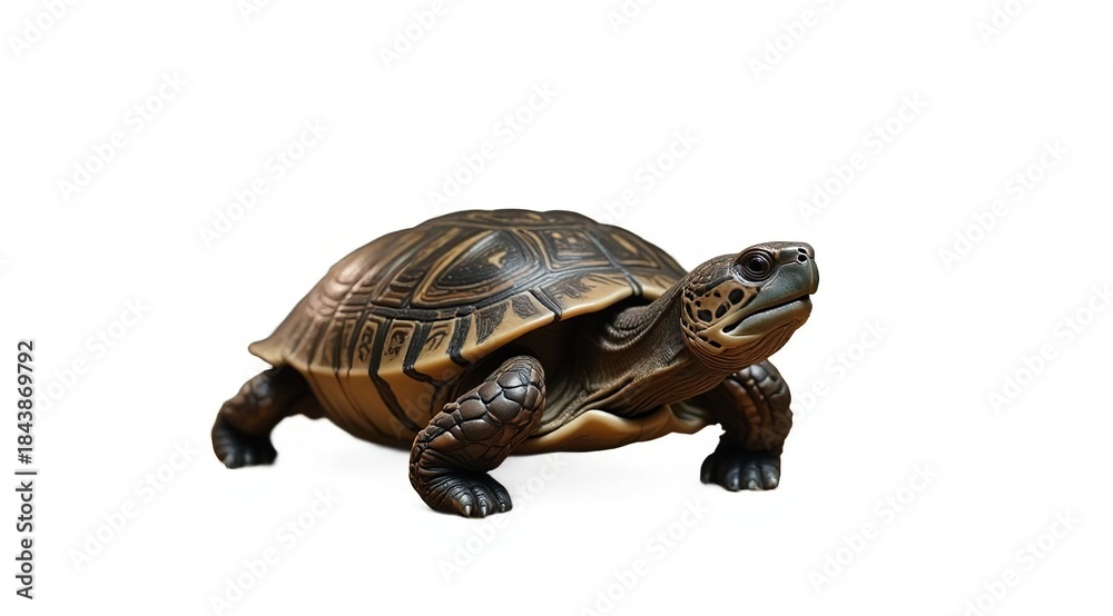 Obraz premium A tortoise, a reptile, isolated on a white background. Close-up of the shell and head. For topics related to nature, science, and animals.
