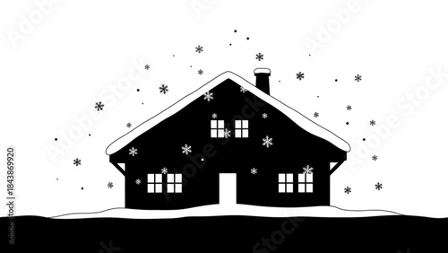 Black silhouette of a house on a snowy landscape with falling snowflakes