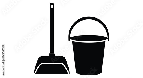 A minimalist depiction of a bucket and a broom presented as a striking silhouette