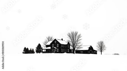A large house and outbuildings in a snowy landscape with trees