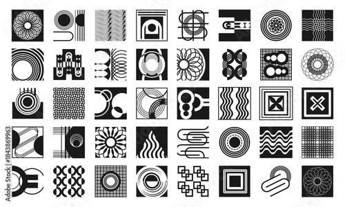 Forty monochrome geometric compositions. Decorative elements for various design projects. Icons, emblems, and more. Vector set