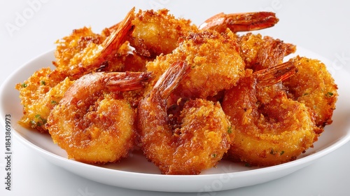 Golden fried shrimp are piled high on a plain white plate. Use this food photo for menus, recipes, or ads.
