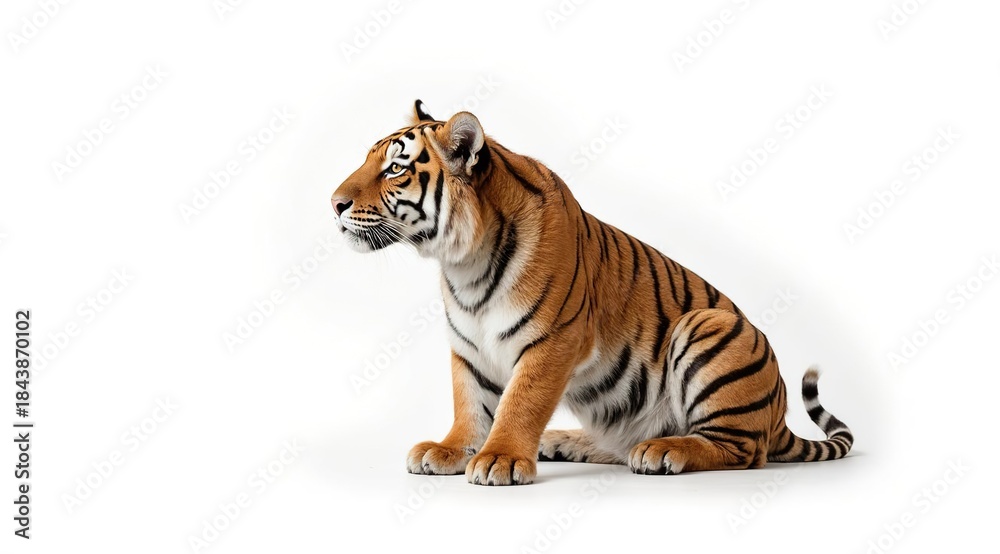 Obraz premium A close-up of a tiger on a white background. Suitable for wildlife, zoos, advertising, design, postcards, and children's illustrations.