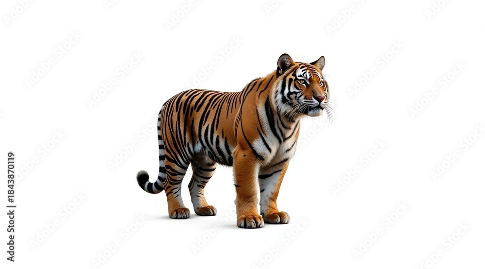 Obraz premium photo of a tiger in motion on a white background, clear stripes and details of the coat. The concept of wildlife, predators and endangered species.
