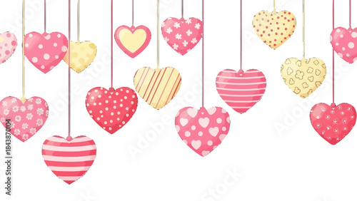 A charming border of pink and yellow patterned hearts hanging from strings against a clean white background, perfect for romantic celebrations.