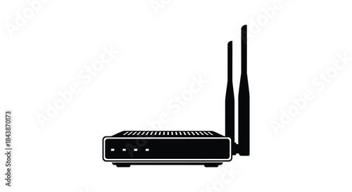 A black wireless router with two antennas displayed in a striking dark silhouette
