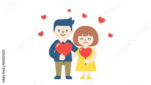 A happy couple holding red hearts surrounded by smaller red hearts, symbolizing love and affection.